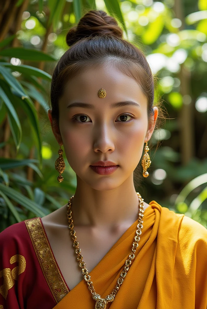 "A surreal and symbolic portrait of Ambapali, the legendary courtesan from Buddhist texts. The left side of her figure shows her youthful beauty, with luxurious clothing, adorned in fine jewelry, and surrounded by a lush garden representing worldly pleasures. Her gaze is confident yet wistful, reflecting her charm and intelligence. The right side depicts her as a serene nun in a simple saffron robe, her face calm and meditative, with shaved hair and a faint halo of golden light. The background shifts into a tranquil forest, symbolizing her renunciation. The contrast between the two halves highlights the transformation from worldly allure to spiritual enlightenment."