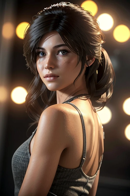 Lara Croft talking to a group of men at a gala event in Croft Manor. Wearing a elegant white evening dress. Lot of people in the background enjoying the party. DLSR, sharp focus, soft lighting, perfect face, ultra detailed face, perfect brown eyes, beautiful face, perfect anatomy