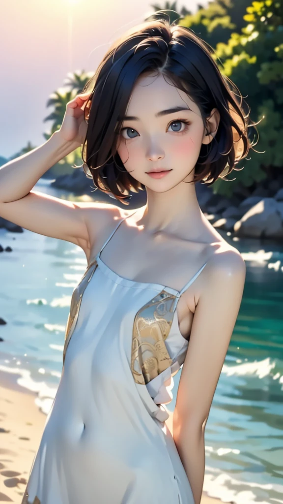 one girl, ***** face, cute face, ash gray hair:1.5, bob hair, short hair, camera's line of sight, small breasts, An ennui look, (((camisole, dress))) , particles of light, sea of ​​sunset, calm sea, white sand beach, very beautiful sunset, RAW photo, highest quality, High resolution, High resolution, masterpiece:1.3, 8k, 12k, professional photographer,((Extremely precise and accurate anatomy:1.0)),Kind eyes,Graceful pose,(Beauty of form:1.4) Golden ratio, big eye,(nature's providence:1.4),