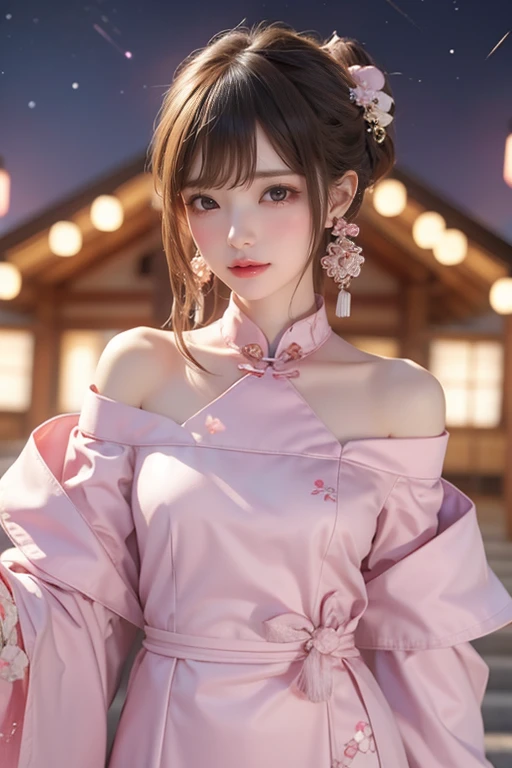 ((best qualtiy)), ((tmasterpiece)), (Detail:1.4), 3D, Beautiful cyberpunk female images,hdr(HighDynamicRange),Ray traching,NVIDIA RTX,Hyper-Resolution,illusory 5,sub surface scattering,PBR textures,post-proces,Anisotropy Filtering,depth of fields,maximum definition and sharpness,Many-Layer Textures,Albedo e mapas Speculares,Surface Coloring,Mitsu-Accurate simulation of material interactions,perfectly proportioned,rendering by octane,Two-colored light,largeaperture,Low ISO,White balance,Rule three points、8K raw data、beautiful bright pupils,off-the-shoulder clothes,Fine pupils,Delicate face and eyes,long eyelasher,Blushlush,Delicate and fluffy hair,pink lip,Pure,cute big breasts,Sweet girl,Artistic sense,Casual wear,Advancedsense,butterflys,Cherry blossom petal,Beautiful hair accessories,Long hair and waist,Hair fluttering in the wind