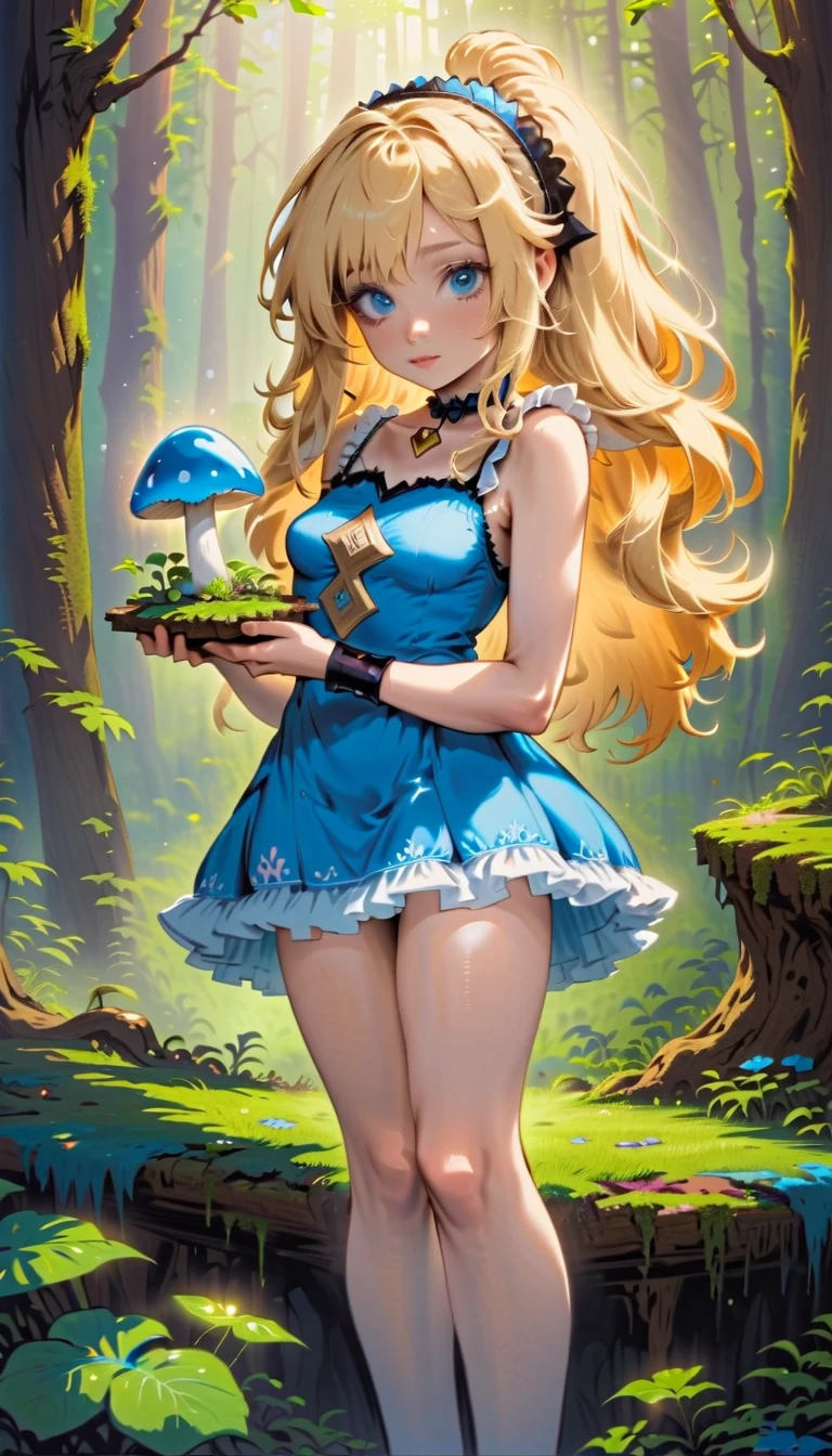  a beautiful blonde 20-year-old woman with messy hair in a blue dress,  white stockings, black headband, neckline, holding a shiny mushroom ,  fantasy art style , vibrant cartoon drawings, Alice X. Zhang,  Alice in Wonderland cyberpunk ,  Beautiful detailed digital art , colorfull  digital fantasy art ,  digital fantasy art  ), Glowing digital painting,  rossdraws vibrant pastel , ross drawings 2. 5, ross drawings 1. 0