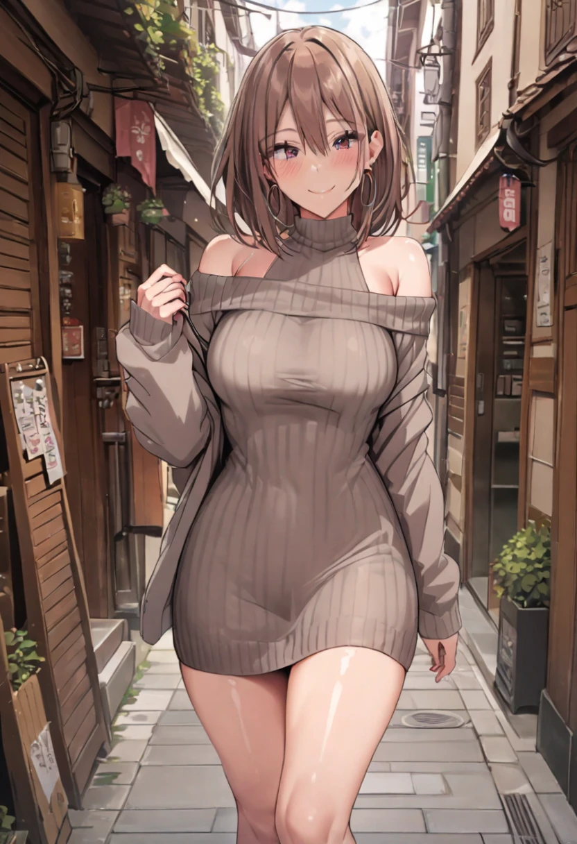     detailed face    ,     detailed body rendering   ,   Alone、  masterpiece ,     High Quality    , 8k,     Hoop Earrings    ,    is written by,    thigh thickness , shiny skin,SKINNING    ,{{{{{    game cg}}}}},, 最    High Quality    ,     High Quality   ,     very sophisticated,Brown Hair,( off shoulder ),( Rib Knit Sweater),(mini dress),blush,smile,Residential Street,