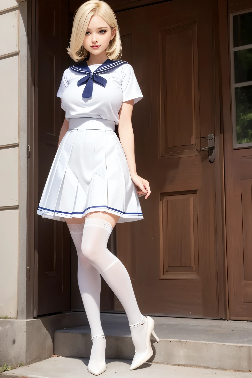 Full Body Shot, daytime, masterpiece, One girl, Solo Exhibitions, Beautiful girl with (Huge breasts:0.9), (Huge erect nipple:0.9), (petite:0.9), Beautiful (1 Girl) Portrait, Beautiful and elaborate face, Porcelain-like skin, (((Full Body Shot, center, daytime, Blonde Hair, medium hair)), Very soft lighting, Full Shot, Symmetric, complicated, grace, Attention to detail, realism, art, concept art, White short sleeves Sailor Uniform, white pleated ultra high cut micro skirt, knee-high socks, white with lace trim, white pin high heels, Standing, Smiling to viewer, house front