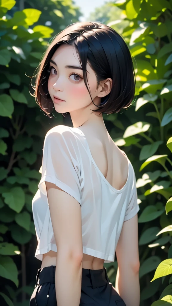 (((pixel-perfect, detail-perfect))), HDR, 4K, 1girl, solo, exposed back, looking at viewer, upper body, black hair, bob_hair, short-hair, short bob hair, (((bobcut) )), ((haircut:1.3)), undercut, bobbed hair, minibob, sidecut, buzz haircut, sidecut, side of head shaved, purple eyes, ((Shave his hair)), Short ear hair, graduation bob, (cowboy shot:1.5), straight short hair, buzzed nape, tank top, nike logo, ((Extremely precise and accurate anatomy:1.0)),Kind eyes,Graceful pose,(Beauty of form:1.4) Golden ratio, big eye,(nature's providence:1.4),