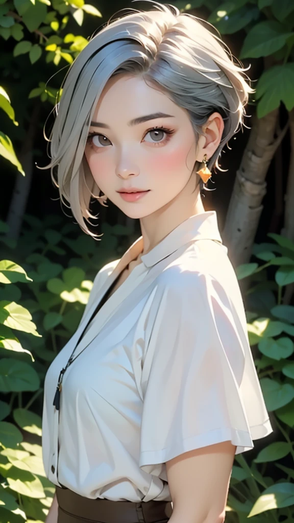 (highest quality, masterpiece), One girl, beautiful girl, Brown_eye, ((hair color [Silver hair], [Pixie cut with front hair] hair)), Earrings, lips, Short sleeve,Realistic, Tight waist, Charm, Colorful Makeup, Long eyelashes, Fair skin, (cute), (Detailed face), Detailed eye, Detailed iris,((Extremely precise and accurate anatomy:1.0)),Kind eyes,Graceful pose,(Beauty of form:1.4) Golden ratio, big eye,(nature's providence:1.4),