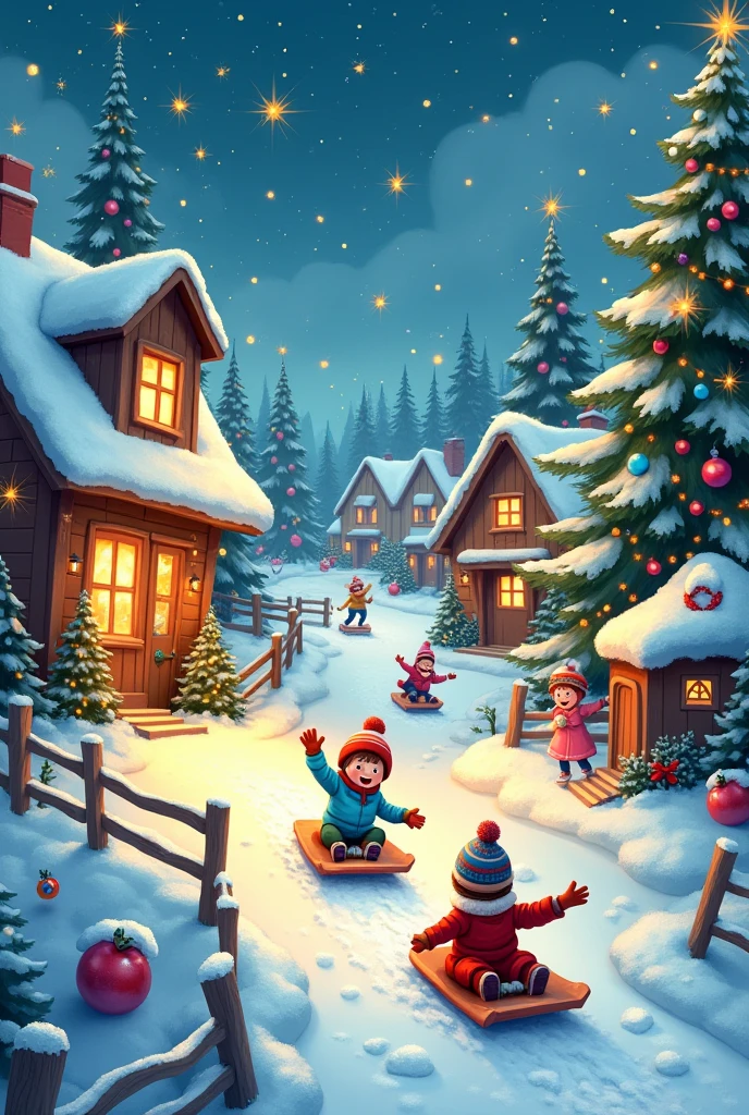 New Year , sparklers , bright colors,  Christmas garland on houses , Beautiful details,  snow , идет  snow ,  s are sledding ,  Trees decorated with different Christmas decorations,  Cartoon Style , Very Beautiful lights , bright colors,  complex ,  maximum quality ,  better quality , 8 k, 