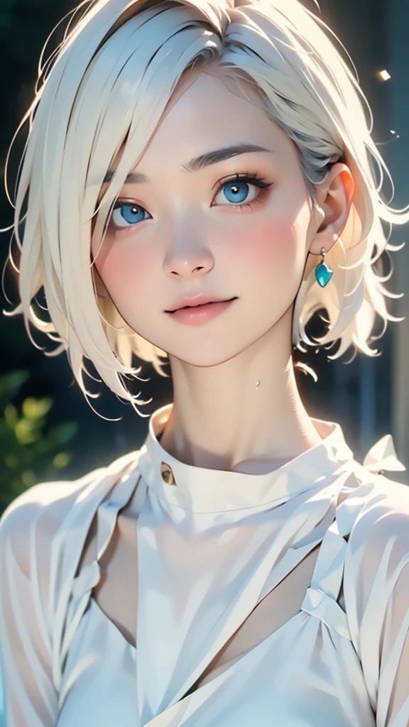 (masterpiece, best quality:1.2), 8k, 85mm, raw photo, absurdres, white and cyan theme, (liquid clothes, liquid dress:1.4), white hair, gradient dress, delicate girl, upper body, close up face, shiny skin, teen, looking at viewer, HDR, sharp focus, particle, twilight sky, detailed eyes and face, white hair, simple background,(Enhances the beauty of skin texture:1.1),((Extremely precise and accurate anatomy:1.0)),Kind eyes,Graceful pose,