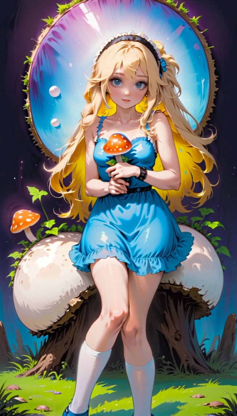  a beautiful blonde 20-year-old woman with messy hair in a blue dress,  white stockings, black headband, neckline, holding a shiny mushroom ,  fantasy art style , vibrant cartoon drawings, Alice X. Zhang,  Alice in Wonderland cyberpunk ,  Beautiful detailed digital art , colorfull  digital fantasy art ,  digital fantasy art  ), Glowing digital painting,  rossdraws vibrant pastel , ross drawings 2. 5, ross drawings 1. 0