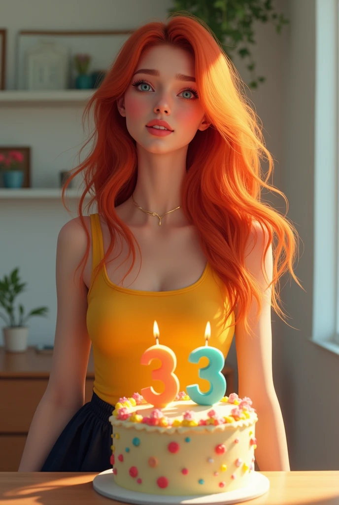 Long red haired girl with yellow tank top, black skirt and beige heels with birthday cake with candles number 33 and balloons and birthday sign