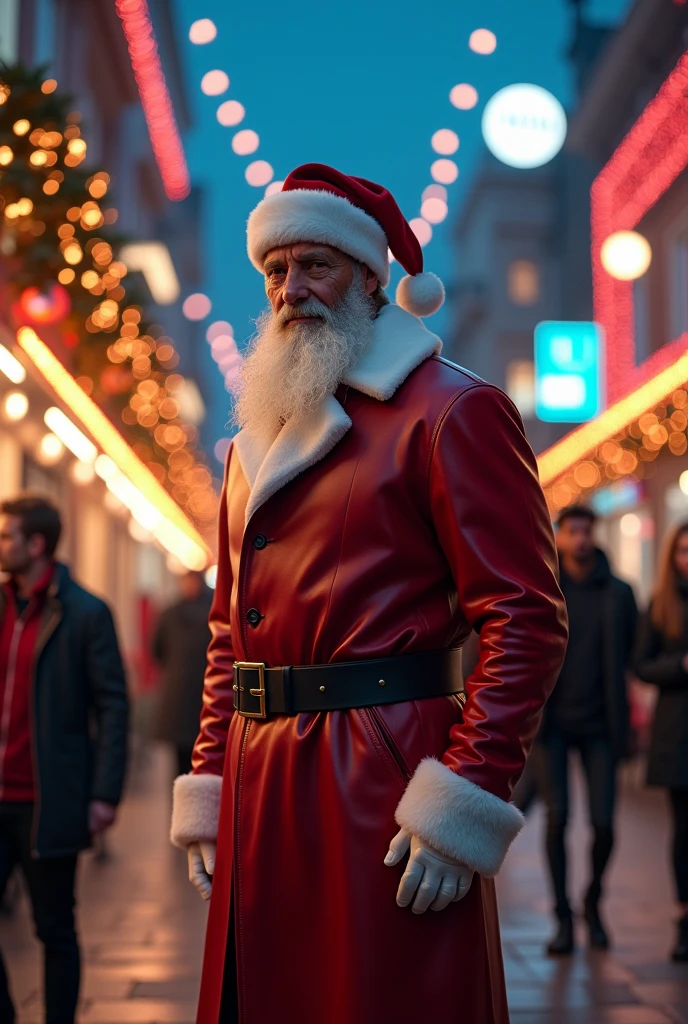 Photo of Santa Claus walking through a snowy town, carrying a large sack over his shoulder filled with presents, while cheerful children and awe-filled adults watch from the sidewalk, draped in warm winter clothing and scarves. The storefronts are adorned with festive decorations, and the twinkling lights brighten up the scene as Santa spreads holiday joy.