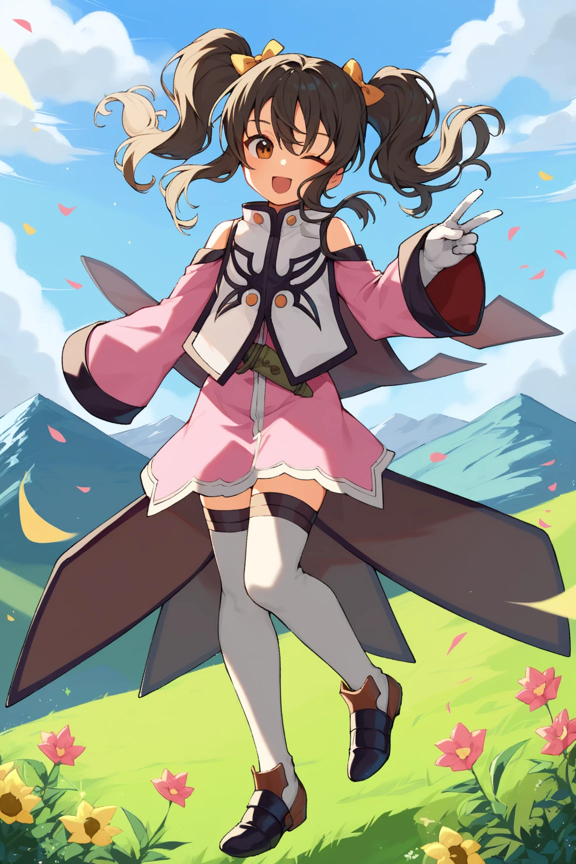 ((Masterpiece)), ((Best Quality)), (Very Detailed), ((Very Detailed)), 4K, (8K), very aesthetic, absurdres highres, 1 woman, (anthropomorphic cat, furry, kemono:1.5), brown hair, brown eyes, fingerless gloves, scarf, gloves, ponytail, yellow scarf, frog, dirty, dirt, tree, looking at viewer, outdoors, solo, boots, high ponytail, socks, v-shaped eyebrows, sweat, ninja, bow, child, injury, closed mouth, long hair, riding, day, japanese clothes, nature, flower