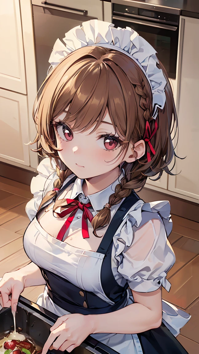 (((Best quality, 8k, Masterpiece: 1.3)), ((best quality)), ((masterpiece)), (detailed), perfect face, perfect body, (detailed skin:1.3), (intricate details), brown hair, long braid, ribbon, dog ears, maid, maid apron, cooking, kitchen, from above