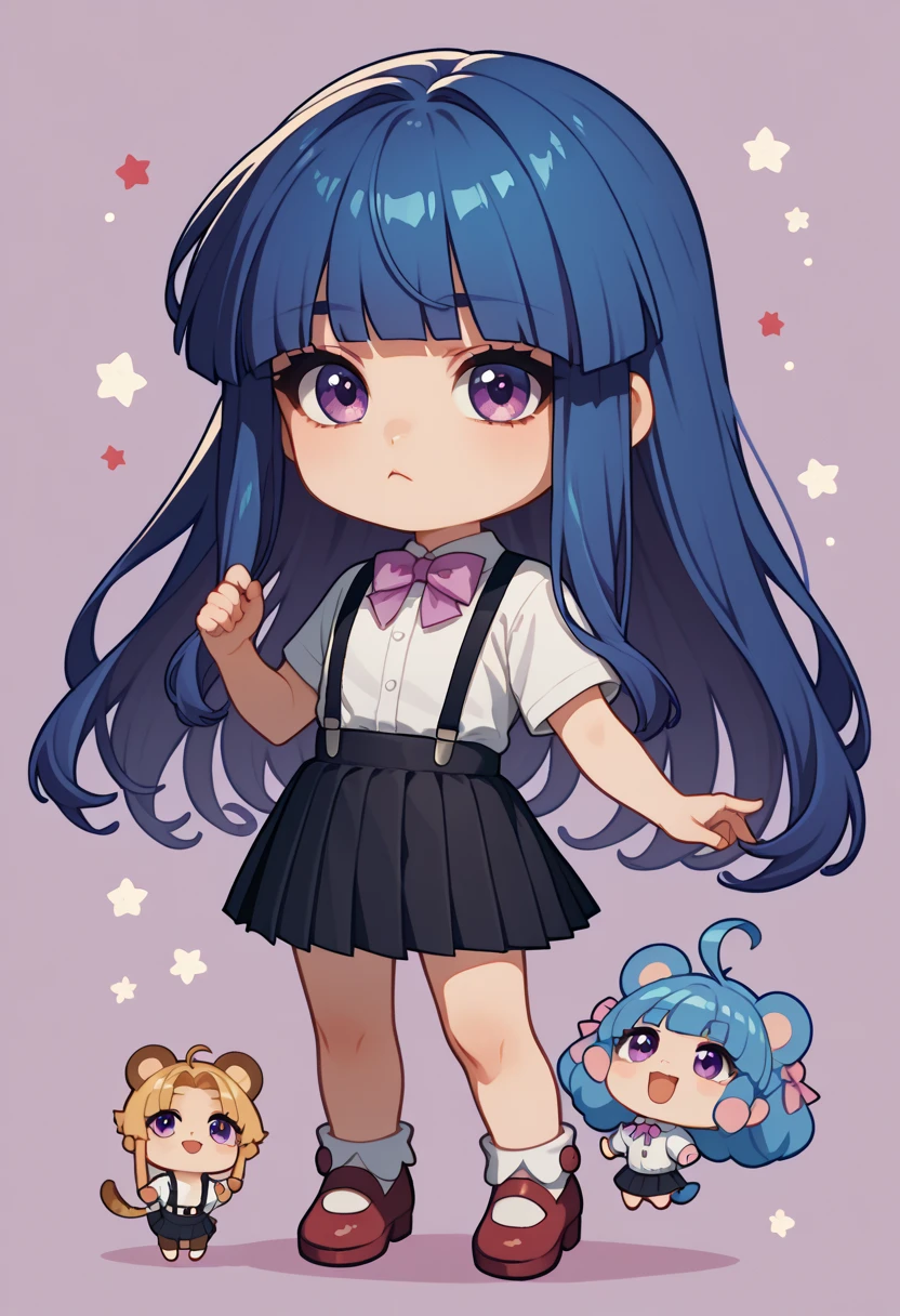 ((Nendoroid)),  chibi,
 1 girl , Alone, Furude Rika, blue hair, purple eyes,  long hair on background, full body,  white shirt ,  pink ribbon ,  Suspenders,  black skirt ,