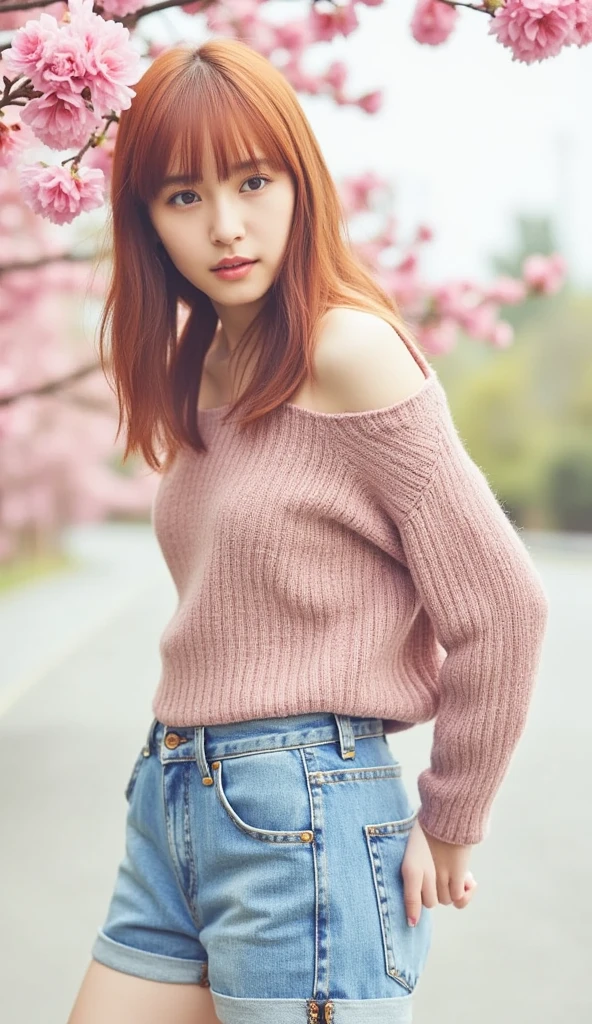   top quality,  very detailed with crimson hair, (Watercolor), bloom,  delicate and beautiful, shape, (from below),( 1 girl:1.4), (Alone:1.2), Big Breasts, ( Rib Knit Sweater:1.3),  off-shoulder sweater, (Shorts:1.2), Bare shoulders, ( Underbob ), (( white skin:1.2)),   beautiful eyes , ( messy hair ),  photoshoot,  Over-the-Shoulder Shot, ,  professional , Canon Camera, Nikon Camera,  sharp, Bokeh,  Studio Quality ,  fisheye lens, Miss Robert Capa  ,