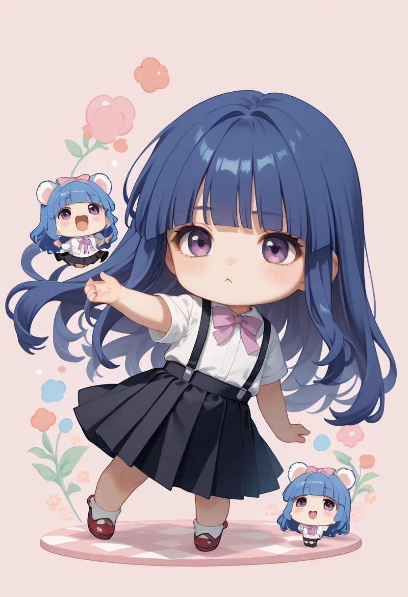 ((Nendoroid)),  chibi,
 1 girl , Alone, Furude Rika, blue hair, purple eyes,  long hair on background, full body,  white shirt ,  pink ribbon ,  Suspenders,  black skirt ,