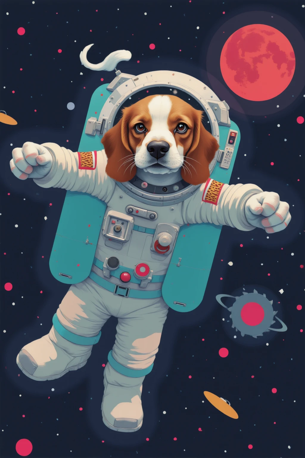   A dog in a spacesuit swimming through space  , Ultra Realistic Composition  ,   Neo Surrealist Digital Art , Digital Artwork  ,  surrealist conceptual art  ,  Dreamy Art  ,Photo Graph  ,  super high resolution  ,    very detailed with crimson hair