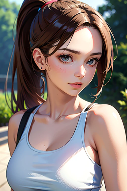 masutepiece, Best Quality, 超A high resolution, (Photorealistic:1.4), Detailed beautiful face, detailed clothes, Stunning European women, Wearing a tank top, Super Cute, nice perfect face with soft skin perfect face, Gorgeous long ponytail brown hair, 8K resolution,Ultra-realistic,Ultra-detailed,hightquality, wide vision