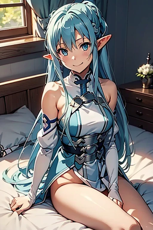  top quality, Asuna,  sword art online ,  light blue hair,  elf ears,  in bed,  lies on her back,  smaller breasts,  opens crotch, smile