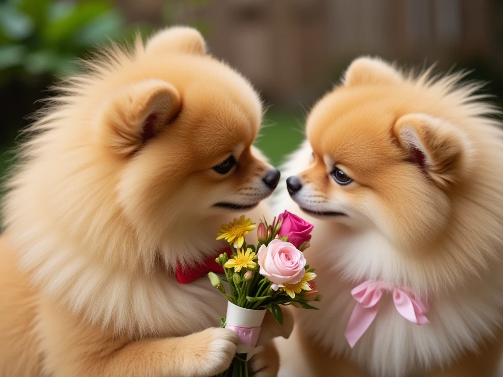 (((photorealistic))),((Pomeranian Ties )),( A male Pomeranian hands a bouquet of flowers to a female Pomeranian),(Male Pomeranians Wear Bowties ),( Female Pomeranians Wear Pink Ribbons),