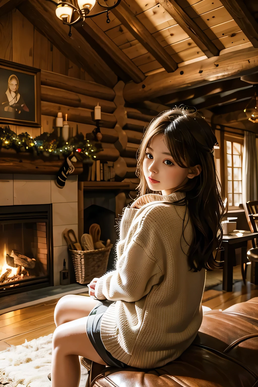 Inside a log house with a fireplace 、 a huge Christmas tree in the living room、  The cutest granddaughter is relaxing in front of the fireplace and looking back at the old man behind her、Focus on granddaughter 、 granddaughter is the cutest、The depiction of a granddaughter is accurate 、My granddaughter is  from Scandinavia、 hair color is blonde 