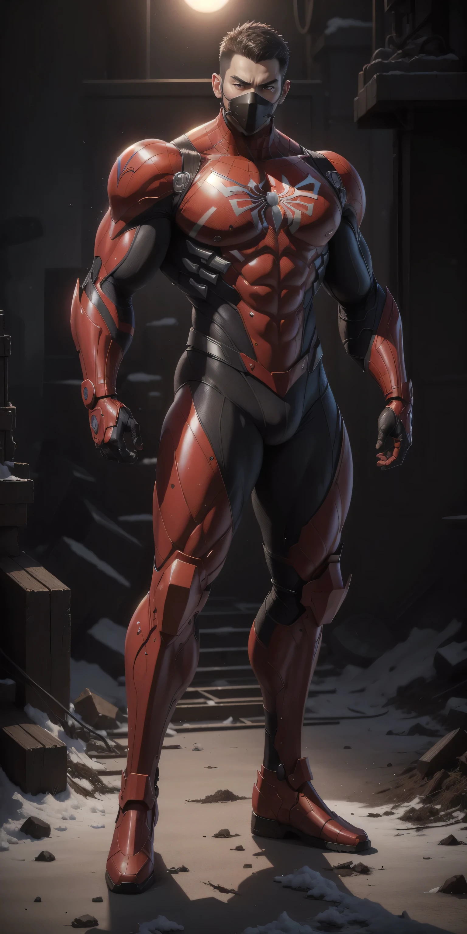 Tall giant muscular police officer，Wine red honeycomb pattern nano mecha，Honeycomb pattern，Lightweight texture，character concept（Resident Evil - Chris Redfield，Chris Redfield）senior police officer，Small grid texture，Regular symmetrical texture pattern，Sad expression，Deep and charming eyes，emerald eyed hero，Heroic male pose，Tall burly，muscular！Attractive leg muscles，High, Burly, Heqiang，  Super polished and cool， High Resolution Committee， Bigfoot Burgundy Ultra-Thin Nano-Mechanical Boots，Charismatic，The bright sunshine shines on you，Matte particles，Shiny texture