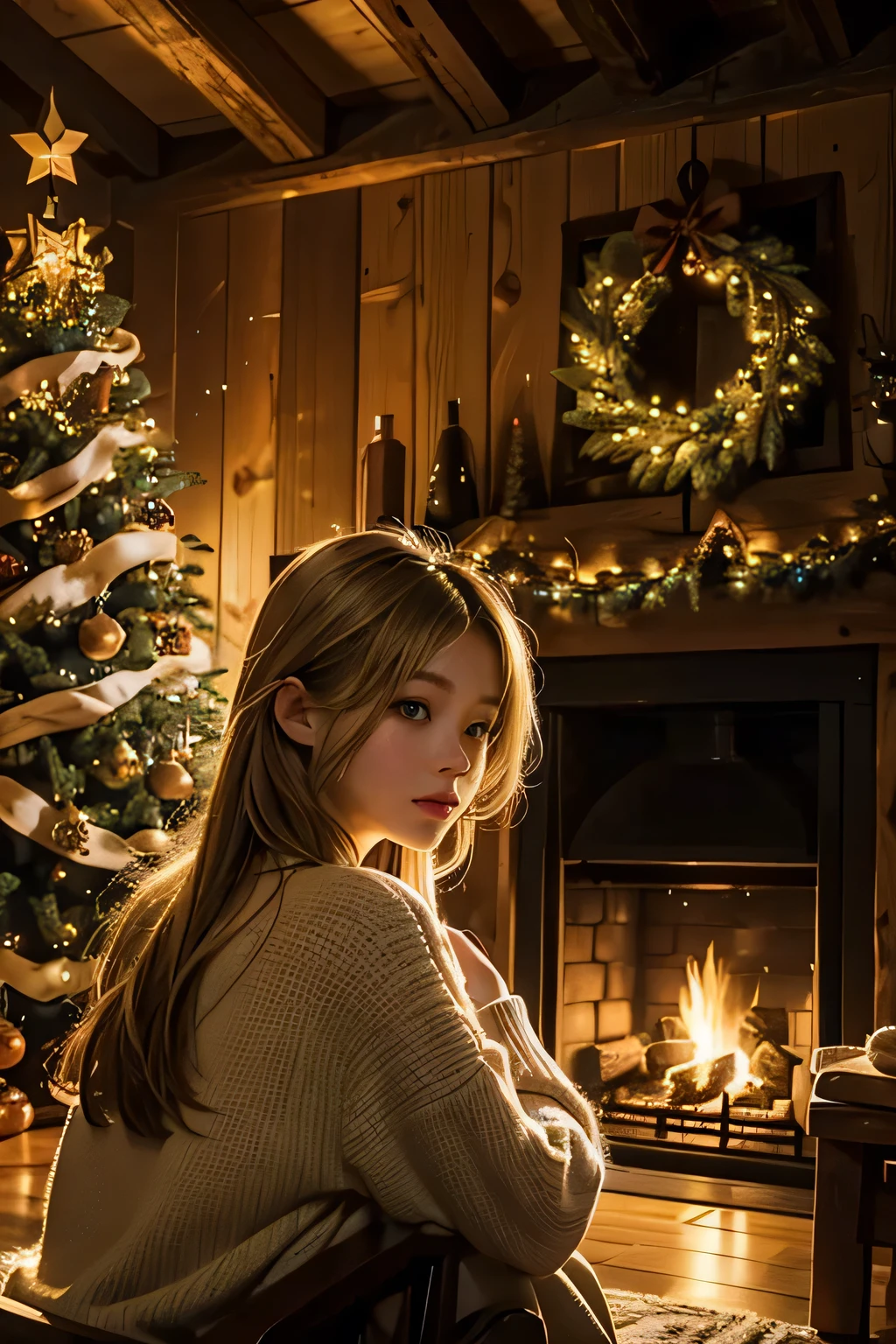 Inside a log house with a fireplace 、 a huge Christmas tree in the living room、  The cutest granddaughter is relaxing in front of the fireplace and looking back at the old man behind her、Focus on granddaughter 、 granddaughter is the cutest、The depiction of a granddaughter is accurate 、My granddaughter is  from Scandinavia、 hair color is blonde 