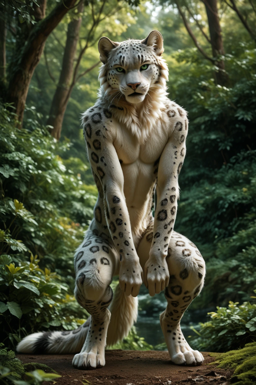 score_9, score_8_up, score_7_up, score_6_up, detailed background, full body, anthro snow leopard, stands upright and straight, front view, angry look, detailed fur, solo, high quality, furred body, fluffy, green eyes, looks at the viewer, strong pattern all over the body, summer meadow in the forest garden, highly detailed, realistic fur, photorealism, photorealistic, fighter