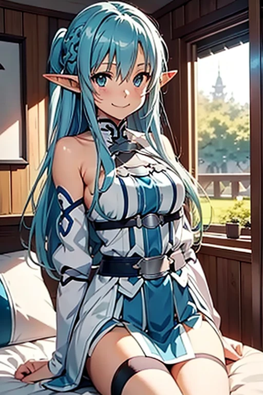  top quality, Asuna,  sword art online ,  light blue hair,  elf ears,  in bed,  lies on her back,  smaller breasts,  opens crotch, smile,  skirt with Ron