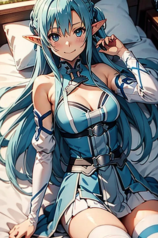  top quality, Asuna,  sword art online ,  light blue hair,  elf ears,  in bed,  lies on her back,  smaller breasts,  opens crotch, smile,  skirt with Ron