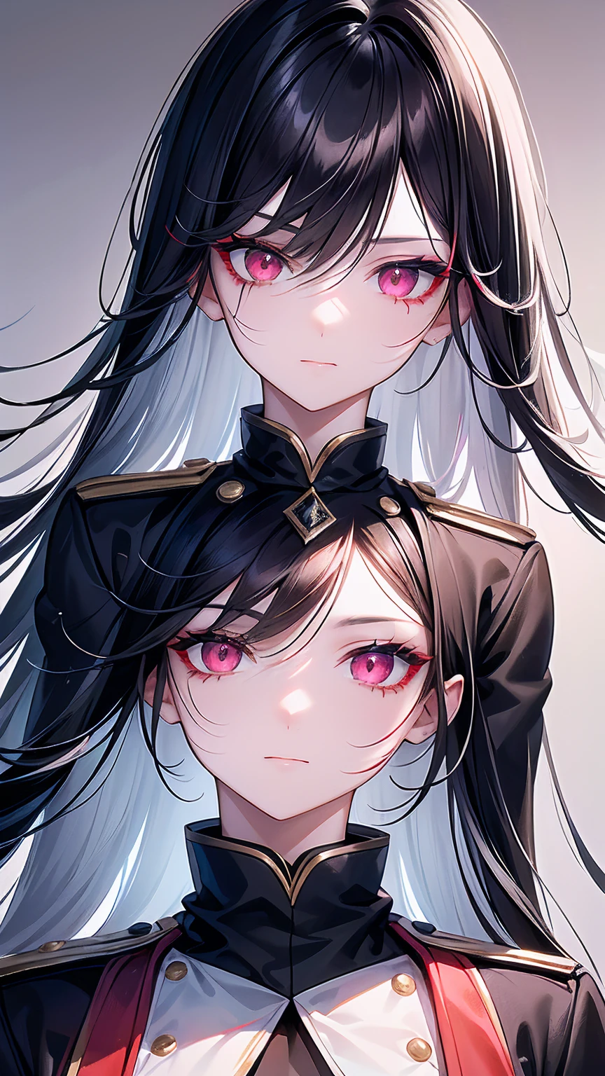 pretty girl with black hair and half her hair white and uniform, long hair, crimson eye and scar on one eye, scar across eye, upturned eyes, straight hair, evil smile, closed mouth, expressionless, masterpiece, high quality, 4K