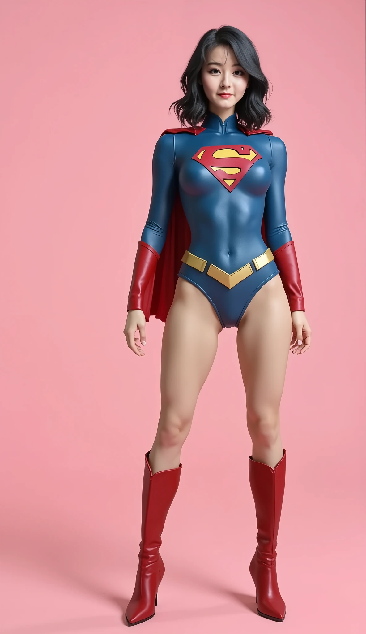 No background、She always has her mouth open、She always has a sad look on her face、Always close your eyes、(((Beautiful legs in black tights.)))、(((Stretch your legs、expensive、Showing a beautiful smile)))、((((Make the most of your original images)))、(((Supergirl Costume)))、(((Beautiful Short Hair)))、(((Suffering face)))、(((Black tights legs、Wear red boots)))、((Best image quality、8k))、((Highest quality、8k、masterpiece:1.3))、(((Preserve background )))、Sharp focus:1.2、Beautiful woman with perfect figure:1.4、Slim Abs:1.2、Wet body:1.5、Highly detailed face and skin texture、8k