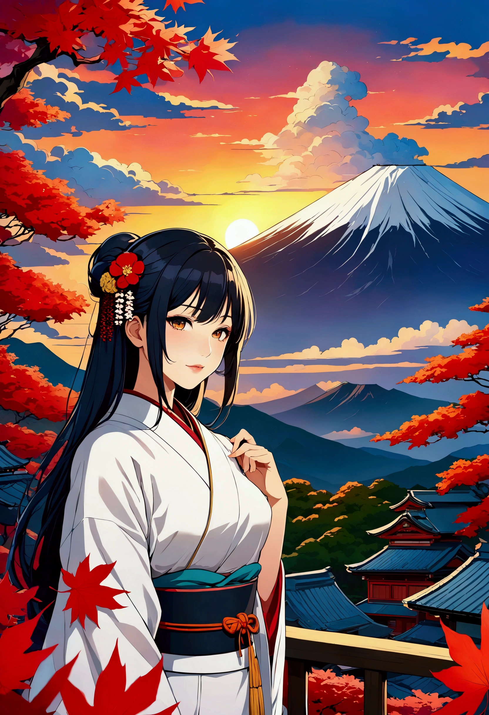 Japanese Mythology, 富士Mountain Goddess, Princess Konohana Sakuya ,  the supreme god of Japanese mountain worship, Mountain Goddess,  Best Anime Beauties, Long black hair, Mid-chest,  hair ornament, Mount Fuji dyed in a white kimono and a red collar at sunset, Osamu style of Tezuka,  best quality,  high definition , 8k,  anime illustration art, Sunset beauty, The background is Ukiyo-e painting style , Maple leaves in the upper corner of the area, colorful clouds,  colorful clouds, 