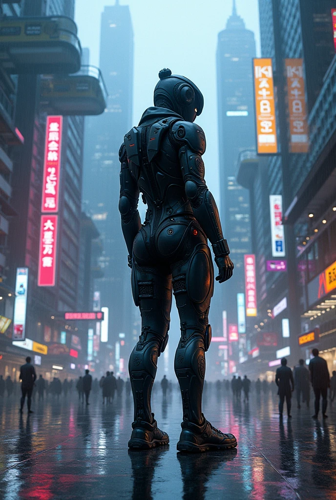 Humanoid body with cybernetic parts, Cyberpunk with a delivery boy backpack