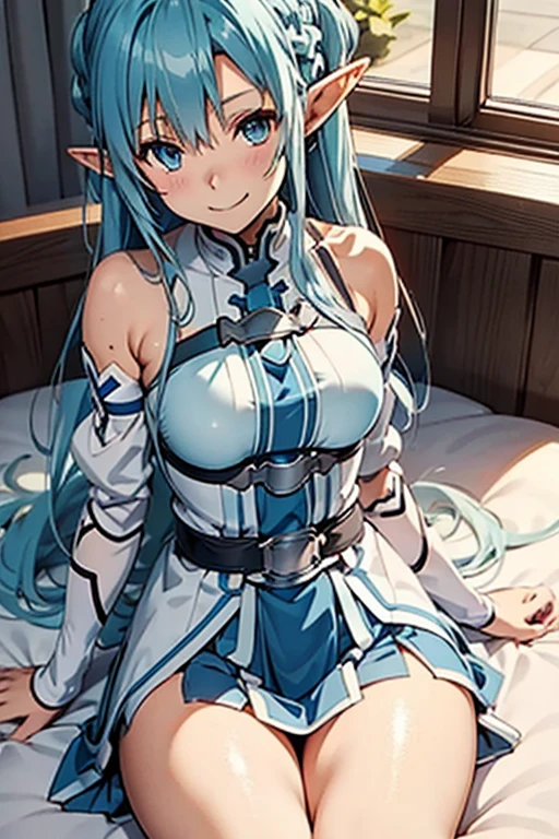  top quality, Asuna,  sword art online ,  light blue hair,  elf ears,  in bed,  lies on her back,  smaller breasts,  opens crotch, smile,  skirt with Ron