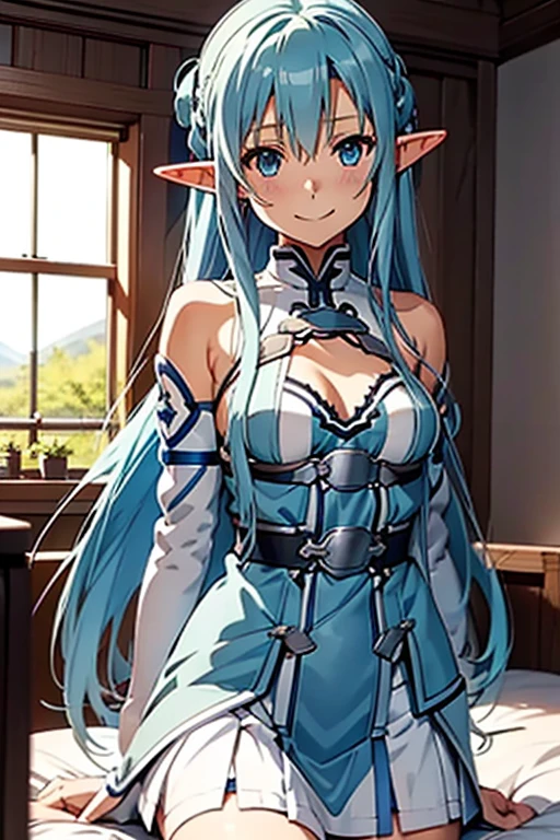  top quality, Asuna,  sword art online ,  light blue hair,  elf ears,  in bed,  lies on her back,  smaller breasts,  opens crotch, smile,  skirt with Ron