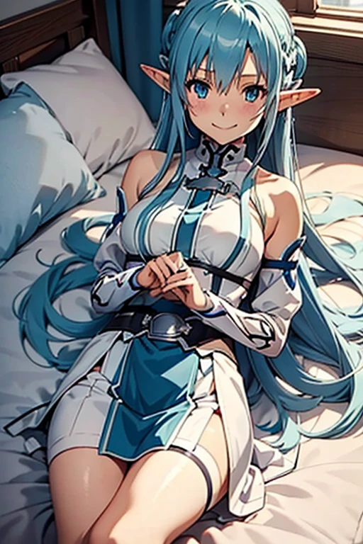  top quality, Asuna,  sword art online ,  light blue hair,  elf ears,  in bed,  lies on her back,  smaller breasts,  opens crotch, smile,  skirt with Ron