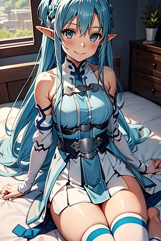  top quality, Asuna,  sword art online ,  light blue hair,  elf ears,  in bed,  lies on her back,  smaller breasts,  opens crotch, smile,  skirt with Ron