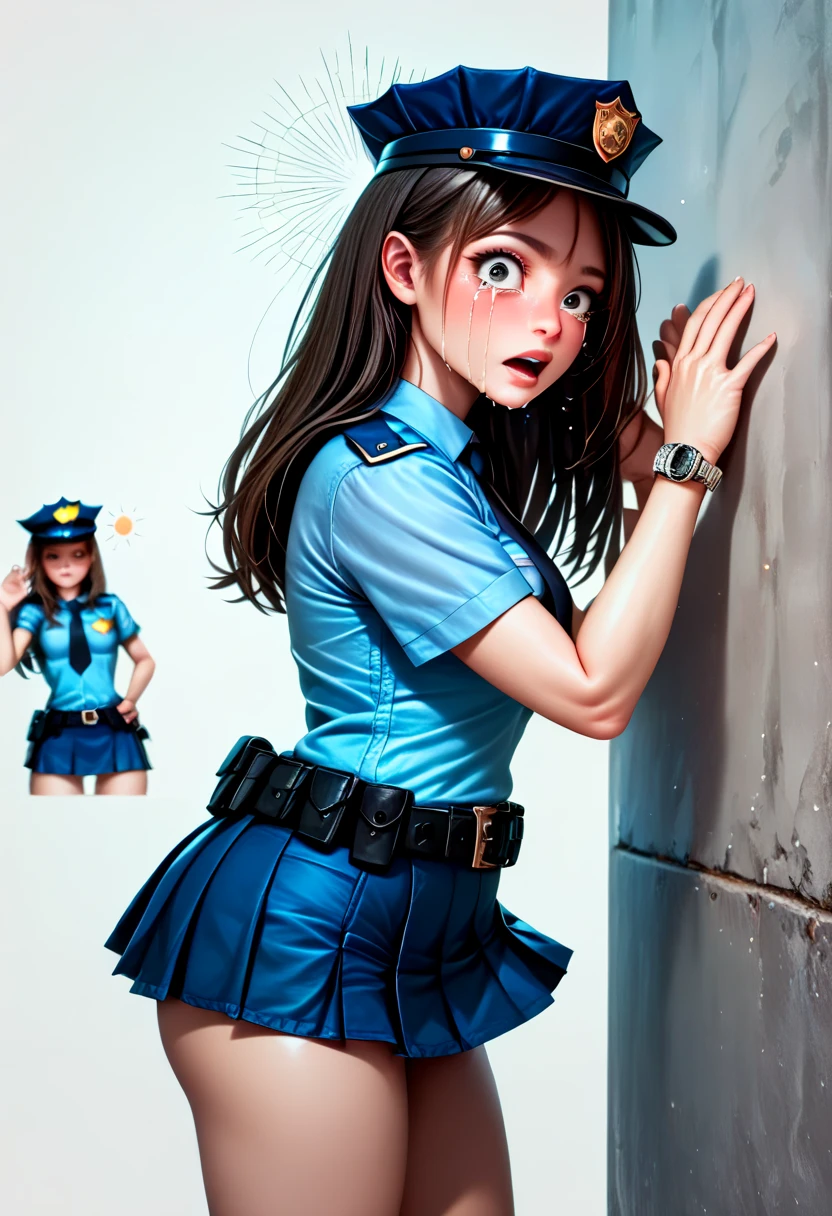 large insertion:1.2, missionary:1.2, creampie, two-handed handjob, scared expression:1.2, torn blue dress, police station. 