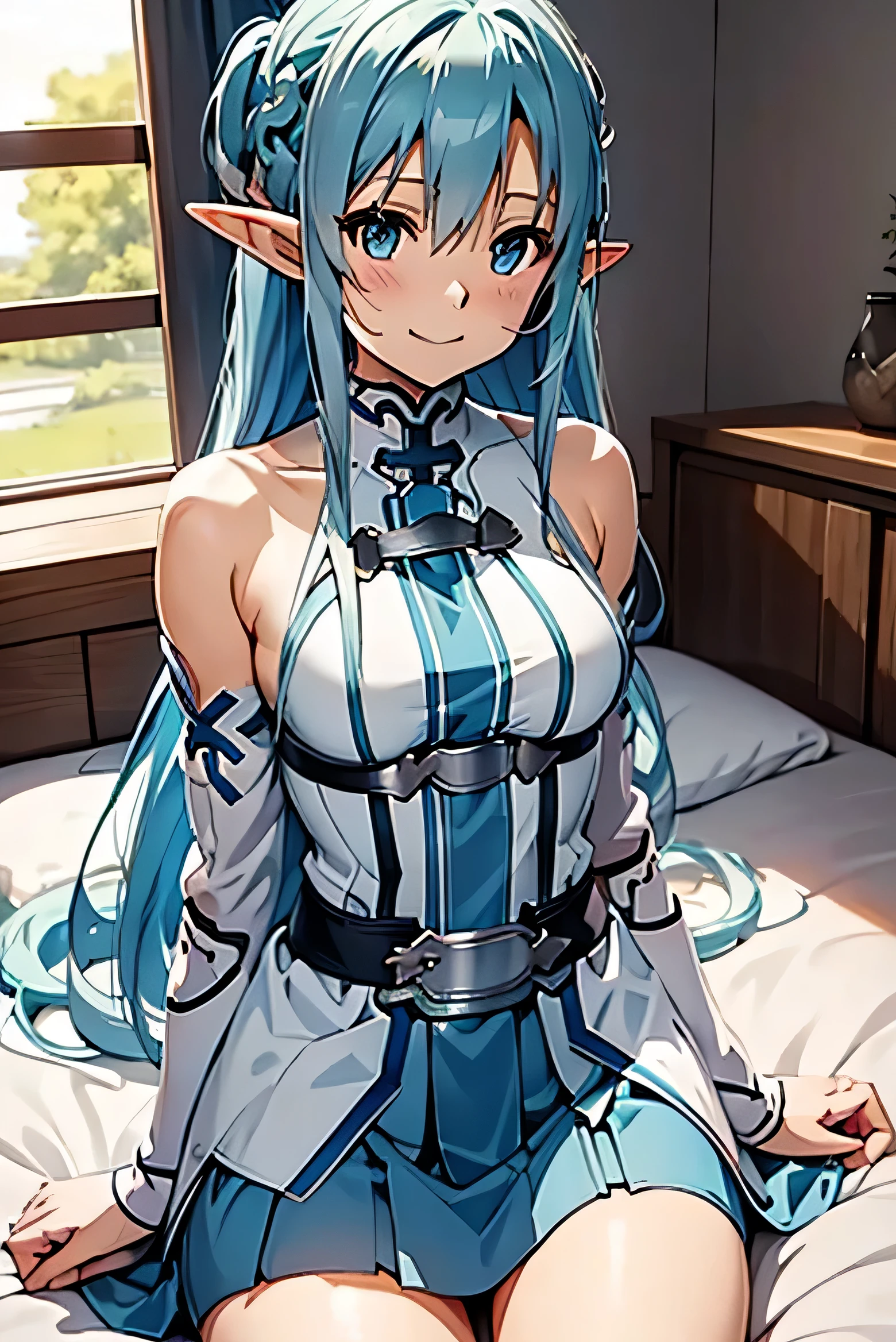  top quality, Asuna,  sword art online ,  light blue hair,  elf ears,  in bed,  lies on her back,  smaller breasts,  opens crotch, smile,  skirt with Ron