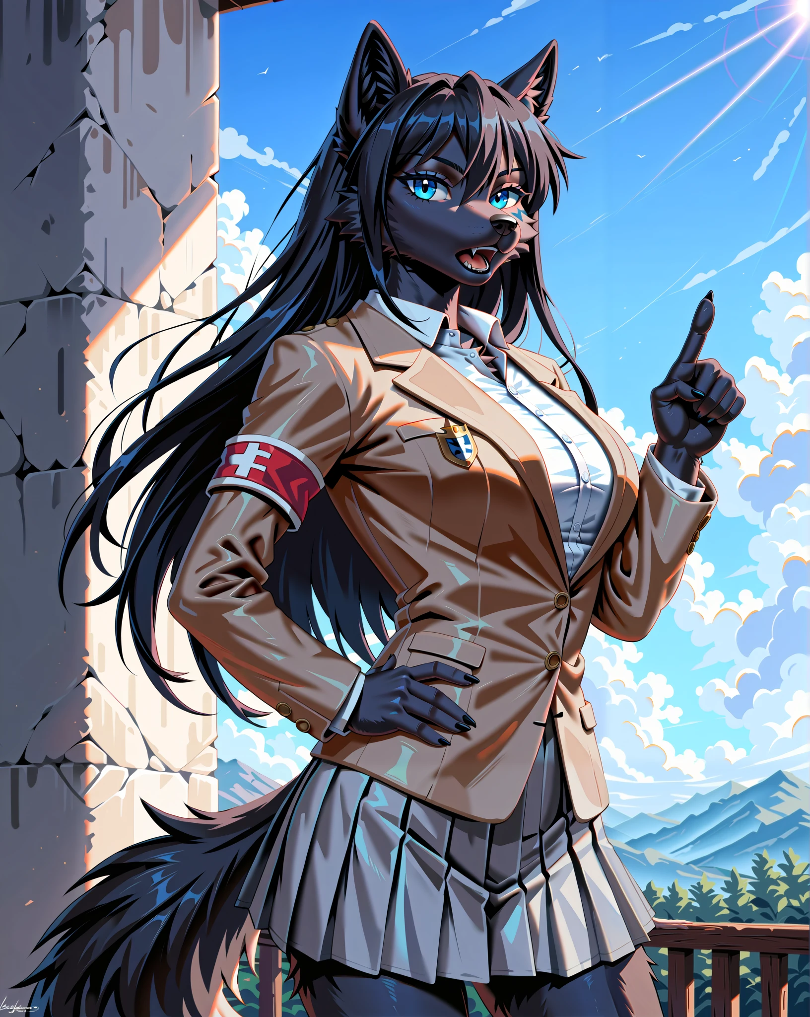 score_9, score_8_up, score_7_up, score_6_up, score_5_up, score_4_up, (detailed face and eyes:1.35), (solo, 1 female wolf anthro:1.5), (whole body black fur, deep blue eyes:1.5), (fluffy fur:1.35), (realistic:1.25), (beautiful, cool, boyish, dignified, earnest:1.35), (tall:1.25), (long black hair, straight hair:1.25), (slant eyes:1.1), (at highschool:1.5), (school uniform, brown blazer, white shirt, gray skirt:1.25), (1 red armband:1.25), (pointing at viewer, scolding, open mouth:1.25), voluptuous body