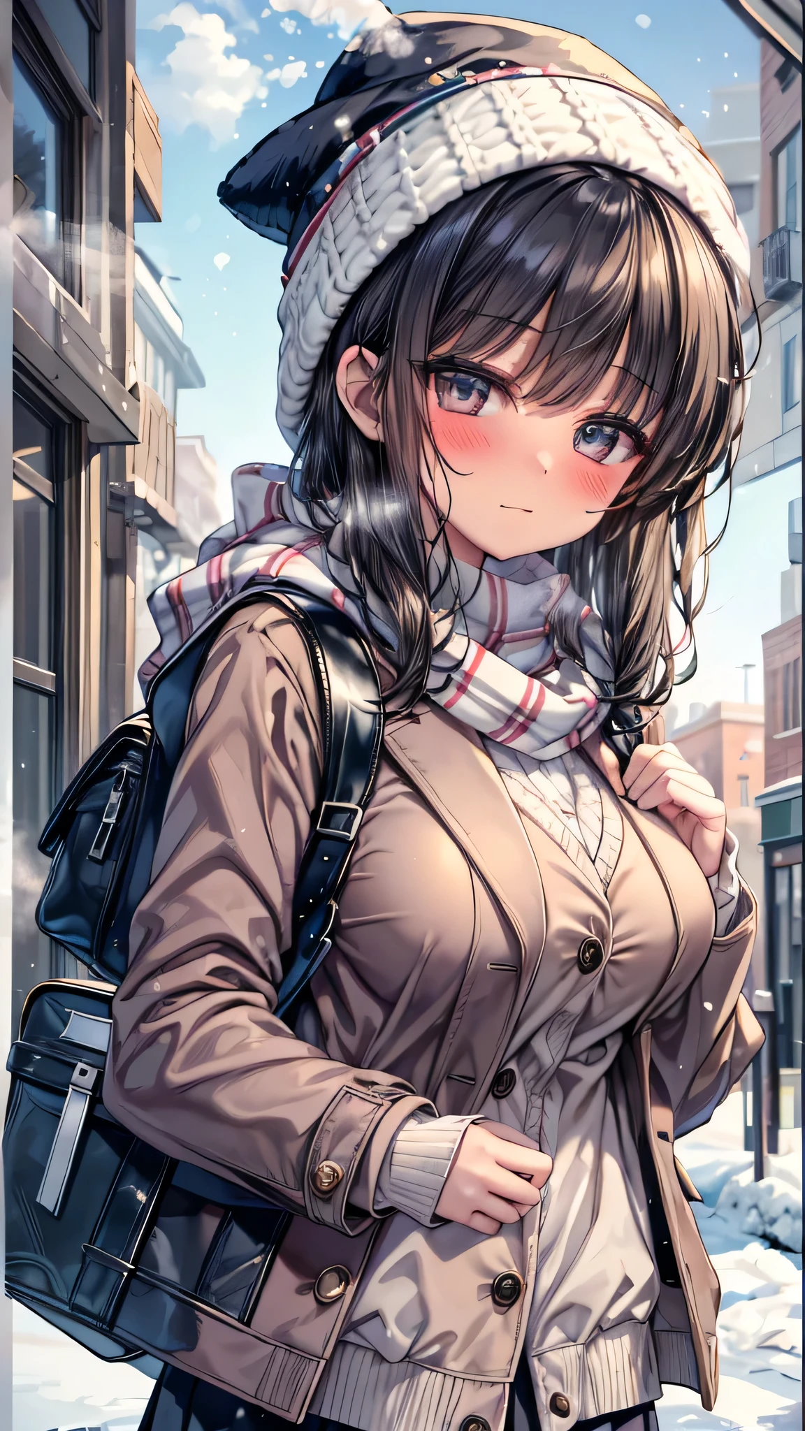 ((masterpiece, sidelighting, finely detailed beautiful eyes: 1.2)), (anatomically collect:1.3), Extremely cute, (extremely detailed beautiful face), (Authentic skin texture:1.4), (outdoor, winter, snowy landscape, park:1.2), (1 hit school student girl:1.2), (huge breasts), (short black hair), (duffel coat, woolen scarf, Woolly hat:1.2), (socks, loafer:1.2), (blush cheek:1.4), (shy, happy), (face focus:1.2), school bag, (steam)