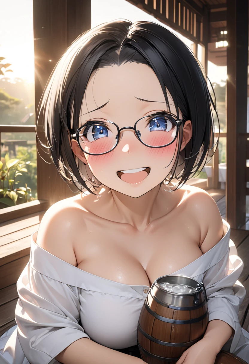 1girl,18yo,perfect hands, perfect finger,perfect anatomy, masterpiece, best quality,realistic, hyperrealistic, 16k hdr,, aamii, short hair, black hair, blue eyes, glasses,(naked), (overalls:1.3),outdoor,standing,(sweat:1.2),(happy smile),large breasts,upper body,(from side:1.2),looking at viewer,(leaning forward:1.2)