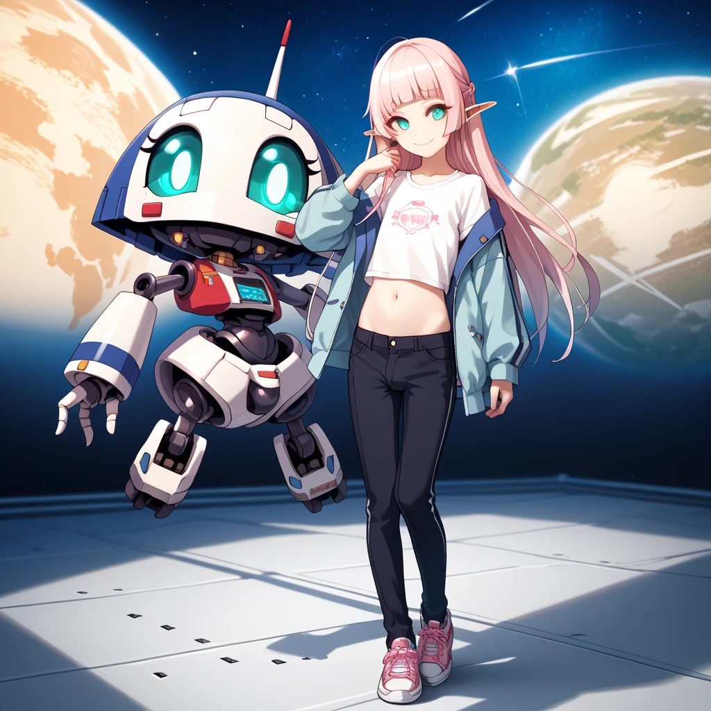 (((best quality))), (((masterpiece))), anime, space station(((a giant robot))), elf, 1 boy, otoko no ko, femboy, ars old,  light_pink_longhair, turquoise_eyes, crossdressing, casual jacket, t-shirt, short pants, focus navel, unbalanced kneehighs, sneakers, space style wear, flat chest, bulge, looking at viewer, non censored, light smile, matured, fullbody