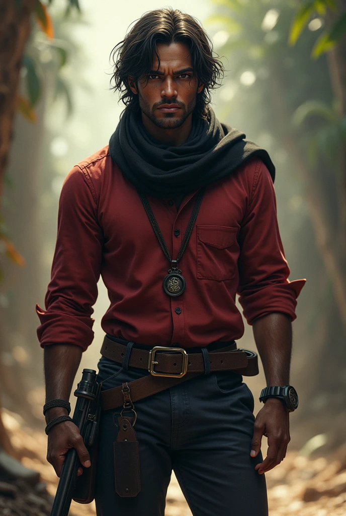 creates a man between 30 and 50 of average height, with an intriguing and charismatic presence. He has a robust and athletic build, with strong facial features and a piercing gaze. His skin has a healthy tanned tone, and his hair is dark and wavy. He wears an elegant and rustic attire that combines elements of nature with a sophisticated touch, like a linen shirt and leather pants. Instead of a traditional cap, He wears a wide-brimmed hat adorned with feathers and small shells. His overall appearance is attractive and enigmatic, with an air of mystery and confidence that attracts and fascinates those around him.
