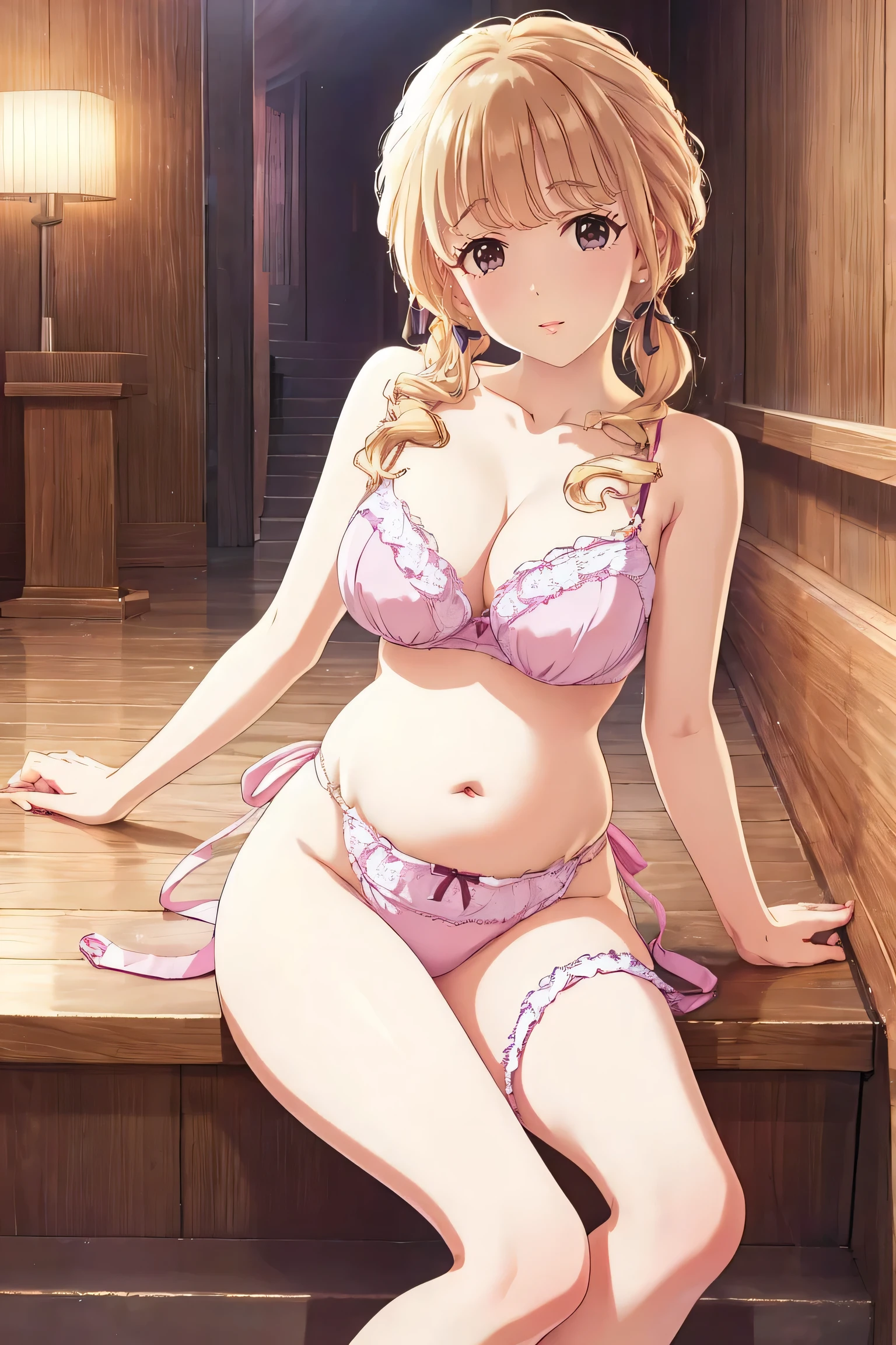 Very high quality、Best footage、Ultra-high resolution 4K、Beautiful image quality、Realistically detailed、Full body detail、 model-like style 、Beautiful beauty、 glamorous body、Detailed expression of the waist curve、 best situation 、Cuteness like an idol、Very sexy lingerie、 sexy pink lingerie、The ribbon is cute、 G cup chest、plump breast size 、 most sexy body 、Young face、 realistic skin texture in the middle of a wooden staircase、 most beautiful body 、 woman is sexy seducing us、 woman is sexy provocative 、 maternity nude 、The woman is pregnant、The woman has a large belly、A motherly expression、The woman has a surprised look、