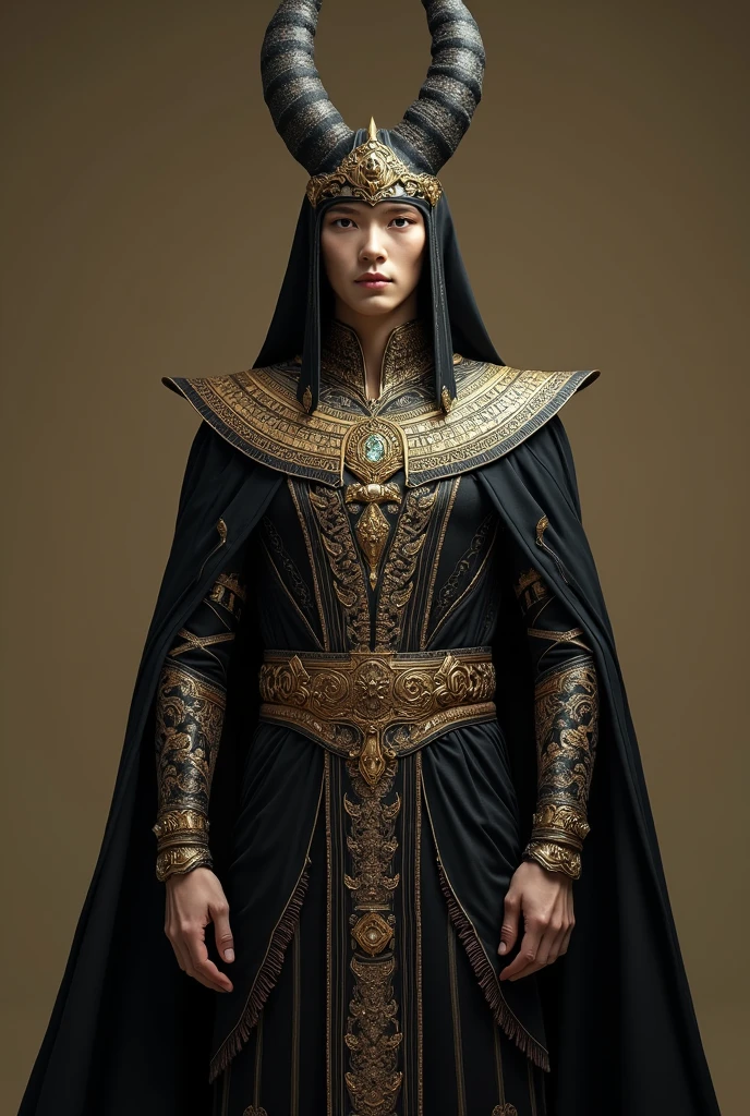 Handsome Korean man with smooth white skin wearing a detailed illustration of a dark fantasy Egyptian-style costume. The outfit should feature a predominantly black and gold color scheme, with intricate patterns and designs reminiscent of ancient Egyptian art. The headdress should resemble the horns of Anubis, the god of the dead, adding a mystical and powerful element. Include ornate jewelry such as a golden collar, bracelets, and a belt adorned with precious stones. The overall aesthetic should blend the grandeur of ancient Egypt with a dark, gothic fantasy theme.