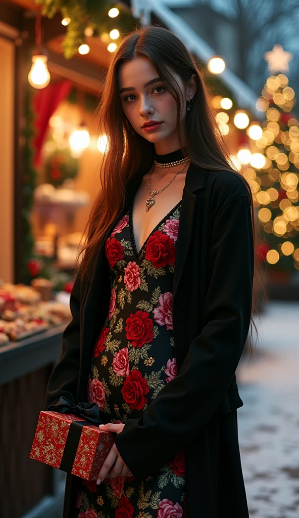 A Full body shot in a Cinematic style of a super cute skinny anorexIc Russian teen model, cefp editorial fashion photograph of a haute couture model wearing a skin tight Black, red and cream white latex gown outside in a Christmas market, soft worm light snow in air, ((the Black, red and cream white dress has red an white Latex pink Roses details)),  long black coat over here dress, high leather  Boots with platform high heels showing here super skinny long legs, Slim skinny supermodel body, Super long skinny legs, (Skinny slim waist hourgass figure), she is holding an black and gold christmas present in here hands, lit christmas tree in the background with lots of gold and black details, she got super detailed skin, oily wet skin, Lots of intrcate details on the dress, gold glitter on the face and body, gold glittery make up, super long eye lashes, lots gold jewelry, gold choker, gold and diamond arm rings, diamond necklace, dramtic lighting, posing dramatically, colorful turquoise, Black, pink mint green and red colors, wide angel cowboy shot, (full body shot showing legs and boots),  
