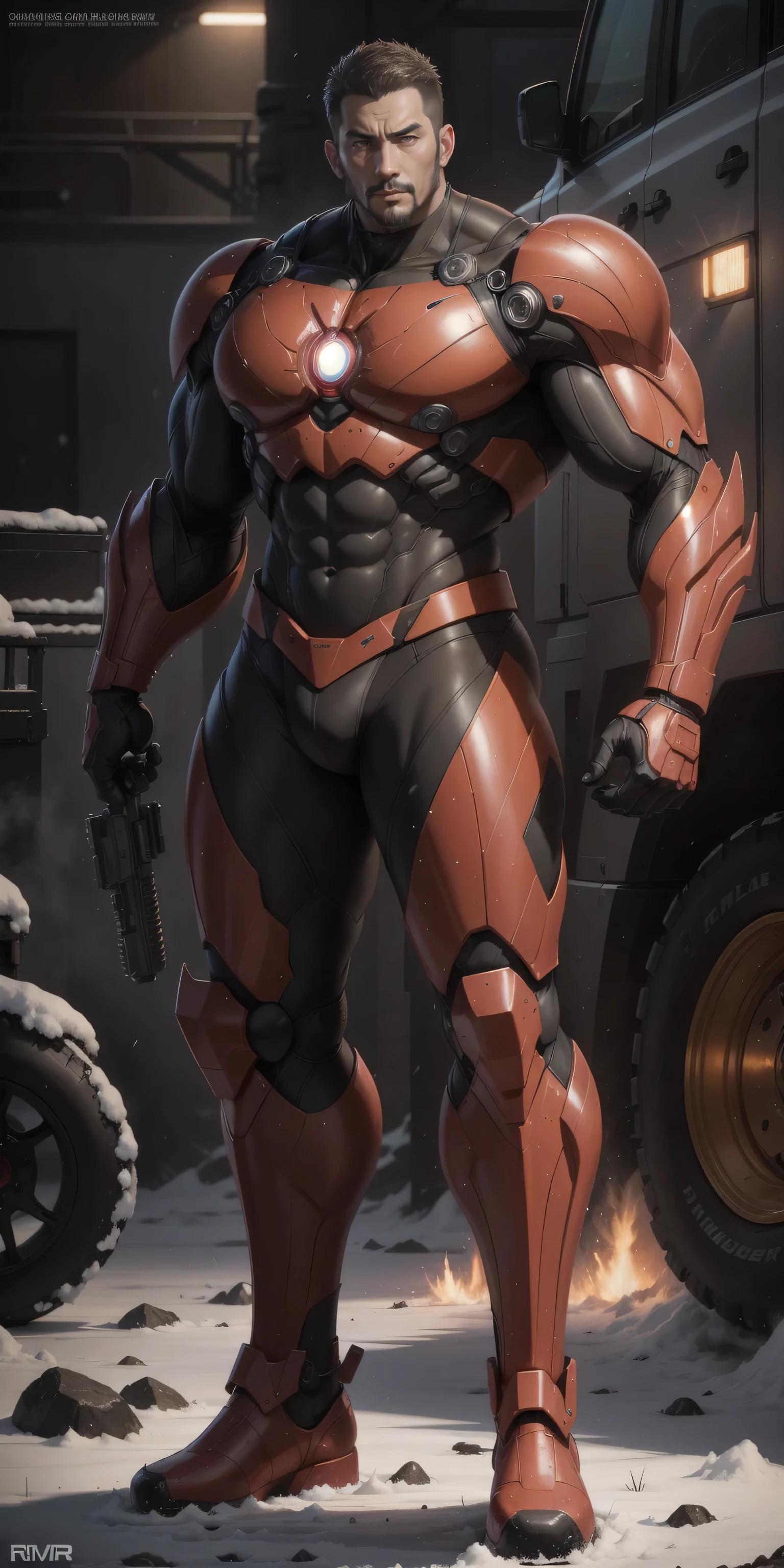 Tall giant muscular police officer，Red and gray network pattern nano mecha，honeycomb pattern，Lightweight texture，character concept（Resident Evil - chris redfield，chris redfield）senior police officer，small grid texture，regular symmetrical texture pattern，sad expression，Deep and charming eyes，Standing in bright mechanical laboratory，Emerald Eyes Hero，heroic male pose，高大burly，muscular！Charming leg muscles，High, burly, Heqiang，  Super gain and cool， high resolution committee， Bigfoot red and gray ultra-thin nano-mechanical boots，Charming strong man，The bright sunshine is shining on you，matte particles，shiny texture