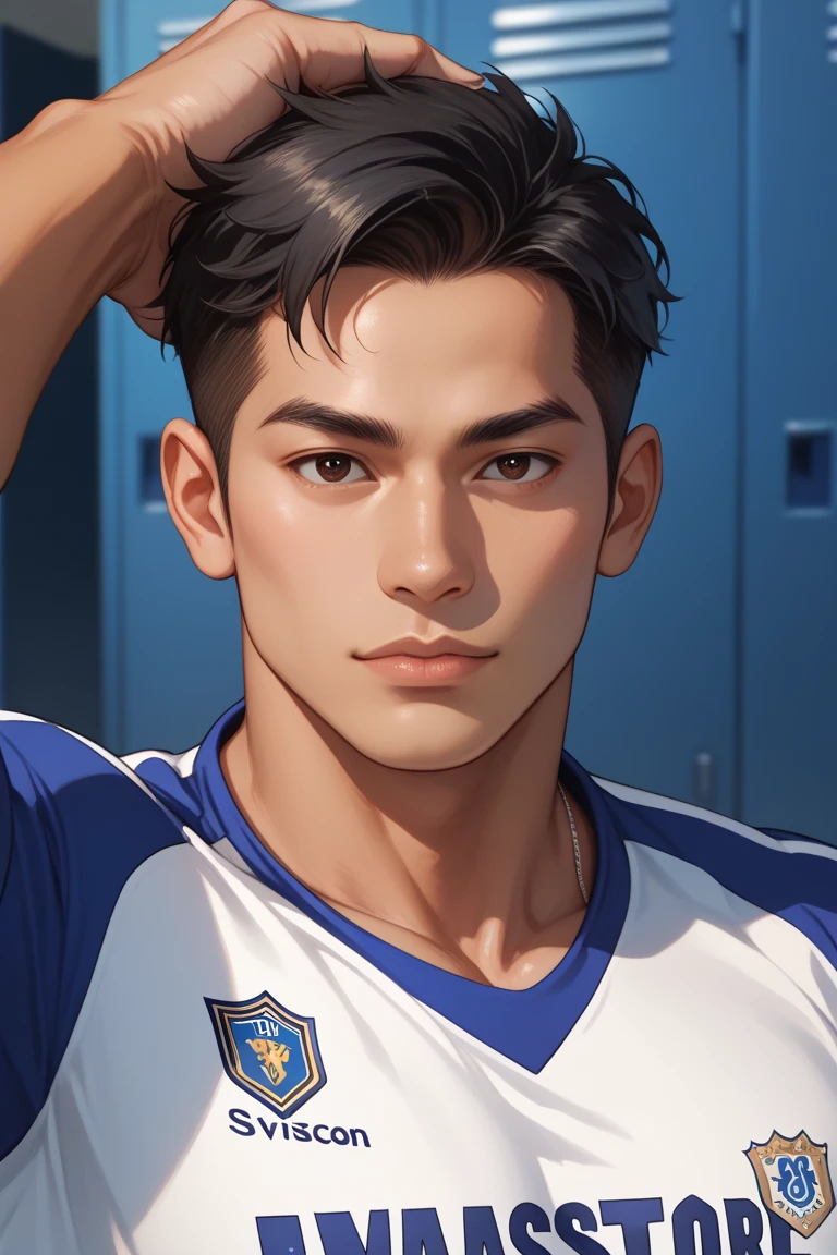 masterpiece, best quality, Detailed Eyes, Man, sexy, boyish, handsome, muscular, medium short hair, tan, looking at viewer, upper body, black hair, white soccer uniform, Locker room, Asian, with one's hands behind one's head, shaved, 5:5 parted bangs, lying down