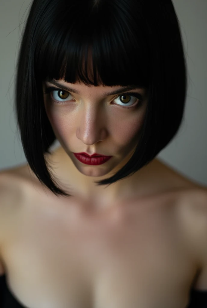 a woman with black hair, bob cut hair, close up photo, topless, seductive, detailed face